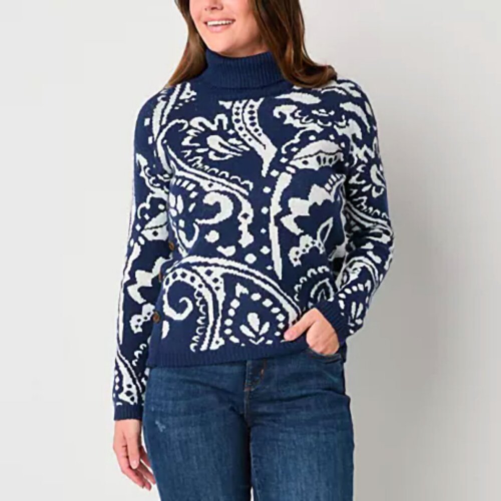 St. John's Bay XL Navy/White Turtle Neck Sweater with Button Accent